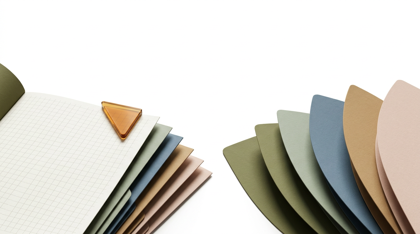 Two fans of colored paper cards and folders with a grid-paper sheet and an amber marker