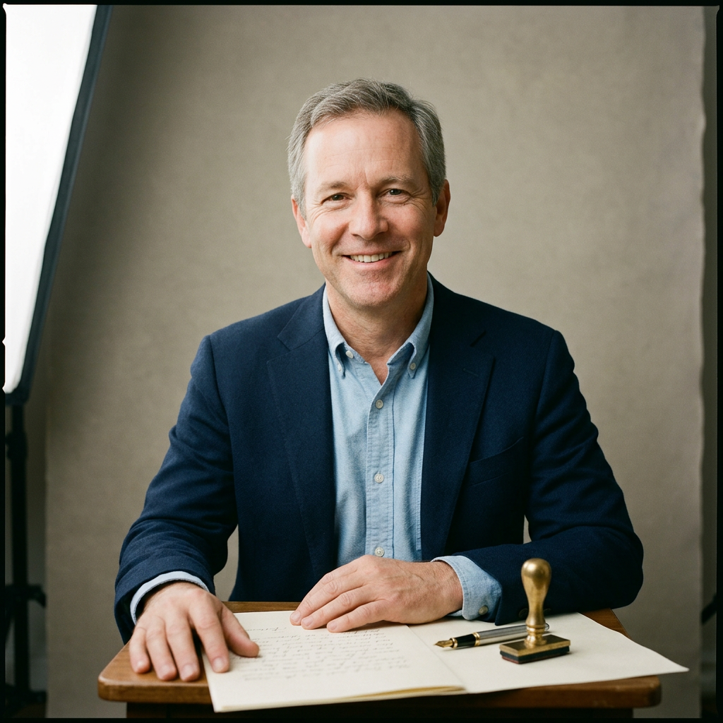 Generated image of a smiling notary seated at a table with a document, a pen and a brass hand stamp