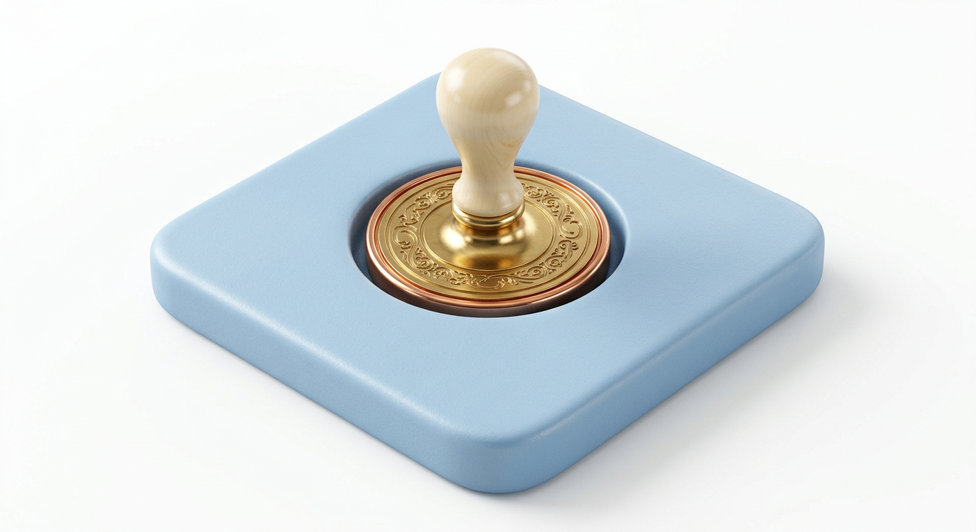 A powder-blue tile with a polished brass notary stamp set into it